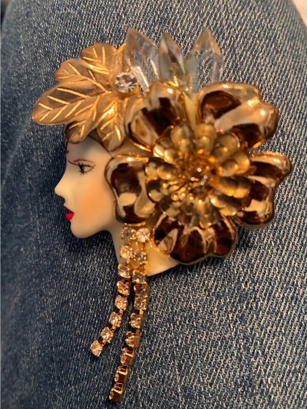 Vintage Art Deco Style Lady Face Brooch with Crystal Accents - Women Jewelry